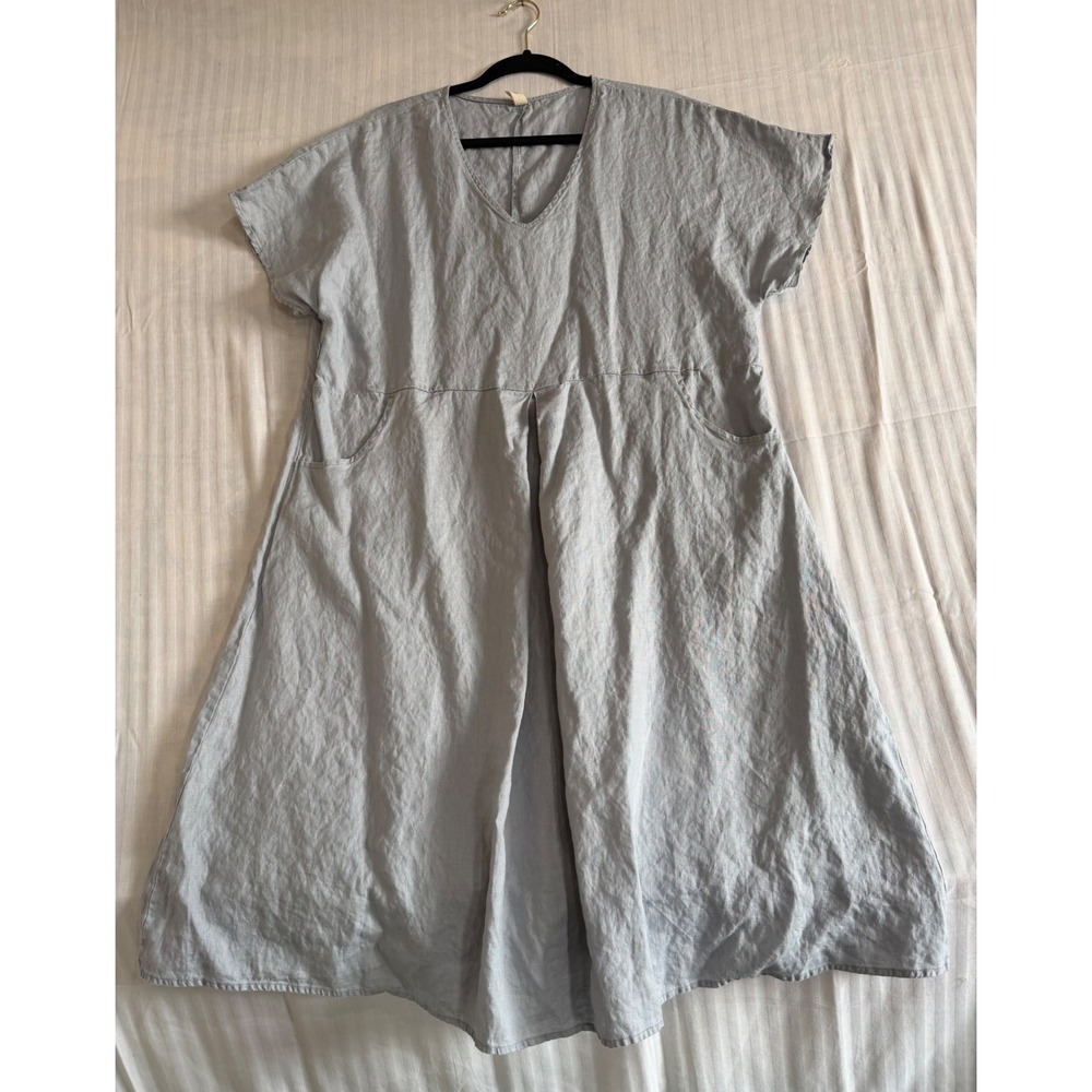 Grae Cove Light Blue 100% Linen V-Neck Midi Dress with Pockets XXL Womens